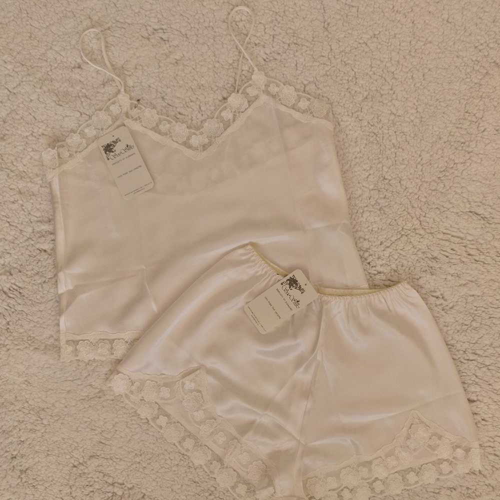 NWT Silk Pajama Set | Satin White Cami + Shorts with Lace - Picture 1 of 6